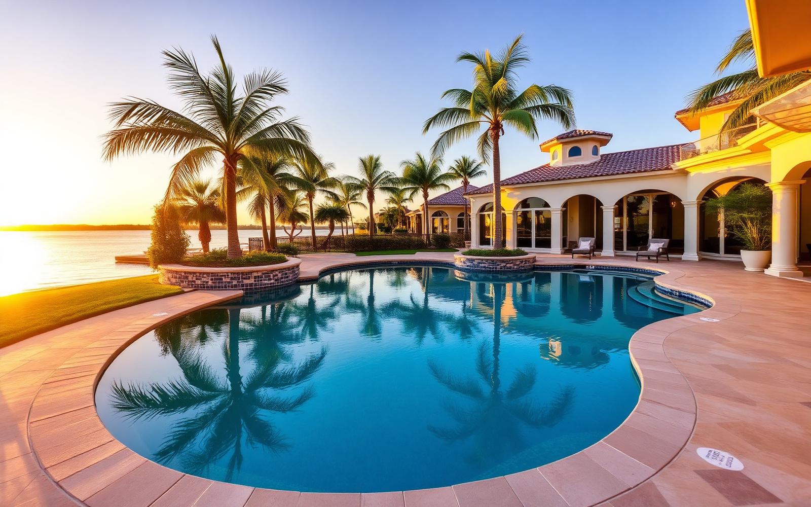 Sarasota Gulf Coast backyard pool with screen enclosure at sunset